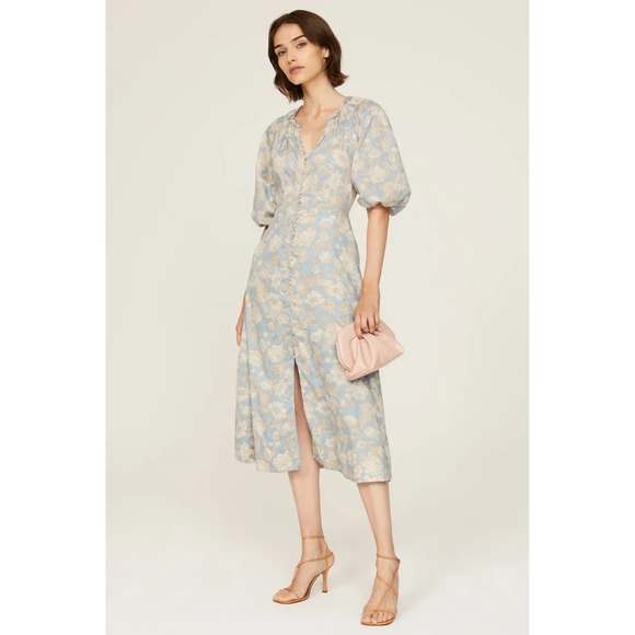 Rebecca Taylor Dress Womens 6 Floral Button Front Midi Puff Sleeve Boho‎ Chic - Picture 2 of 10